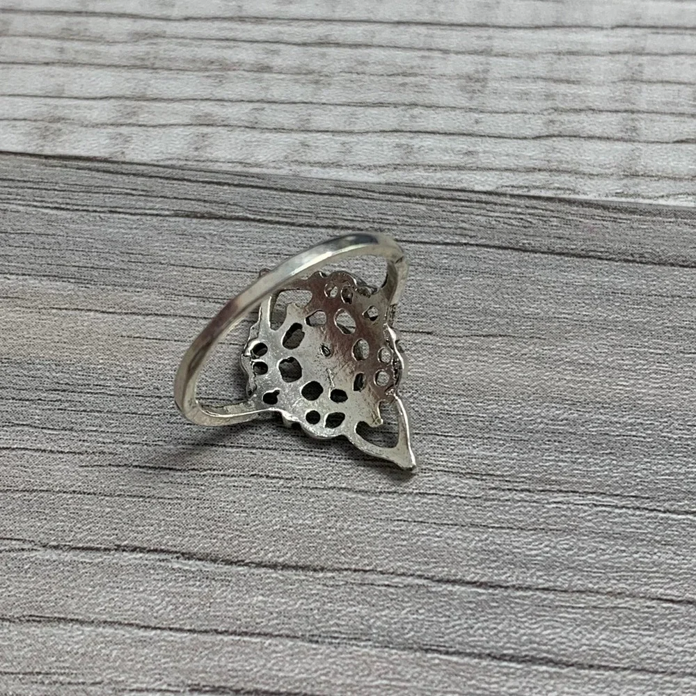 Boho Silver Tone Filigree Pear Cut Blue Stone Ring Size 7.75 Vintage Style 4623